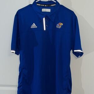 Blue KU Adidas university of Kansas Jayhawks Climacool  poly golf polo shirt L